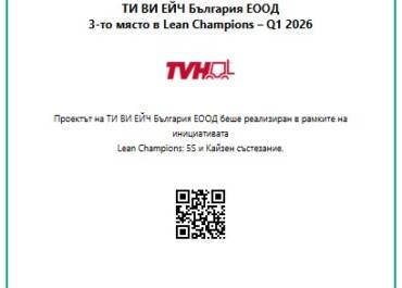 Сертификат ТВХ България ЕООД – 3-то място Lean Champions Q1 2026